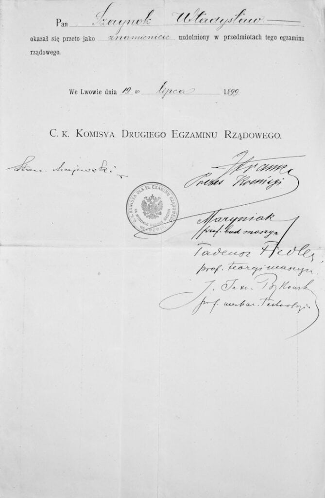 Świadectwo Drugiego Egzaminu Rządowego Władysława Szaynoka na Wydziale Budowy Maszyn c.k. Szkoły Politechnicznej we Lwowie, 19 lipca 1899 r., rewers. / Fot. Archiwum Rodziny Szaynoków