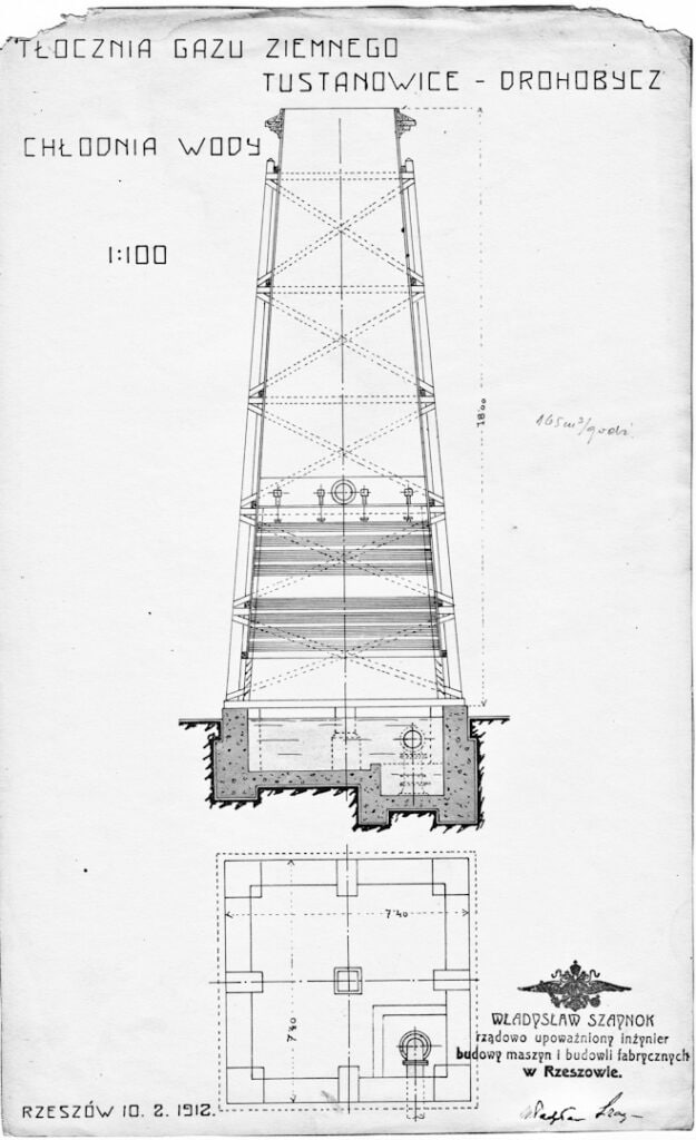 Gazociąg Tustanowice-Drohobycz – dokumentacja techniczna. Tłocznia Gazu Ziemnego; chłodnia wody. Na projekcie pieczęć i podpis inż. Władysława Szaynoka. / Fot. Archiwum Brwinów