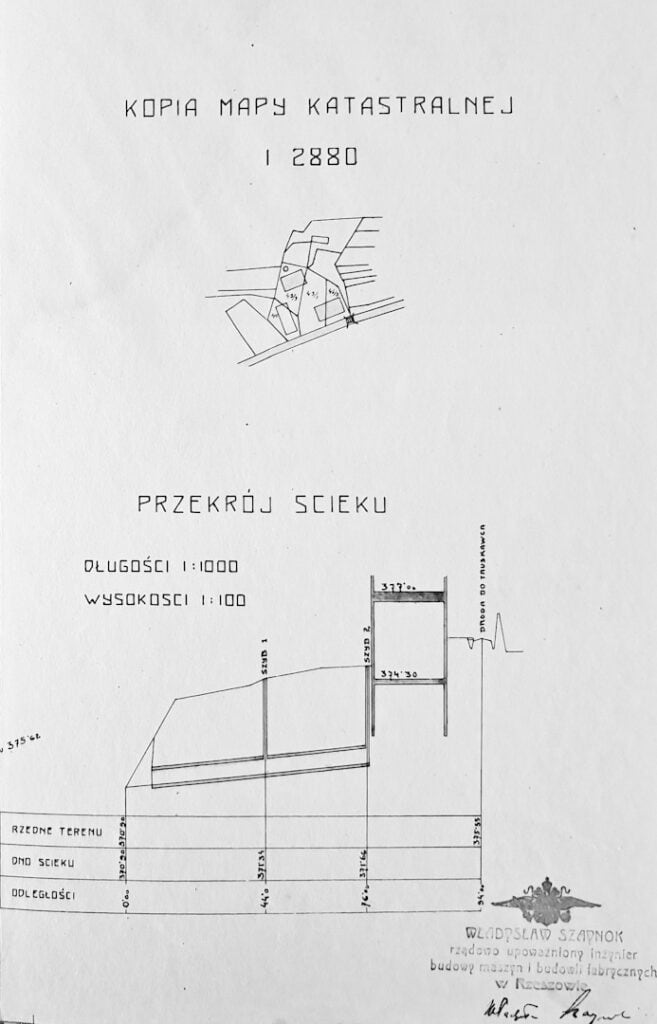 Gazociąg Tustanowice-Drohobycz – dokumentacja planistyczna. Kopia mapy katastralnej i przekrój ścieku. Na projekcie pieczęć i podpis
inż. Władysława Szaynoka. / Fot. Archiwum Brwinów