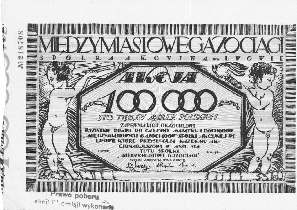 Akcja spółki „Międzymiastowe Gazociągi”. Ta założona w 1921 roku państwowo-prywatna spółka akcyjna budowała sieci przesyłowe. Powstała dzięki staraniom Władysława Szaynoka. / Fot. Zbiory Fundacji Muzeum Przemysłu Naftowego i Gazowniczego w Bóbrce